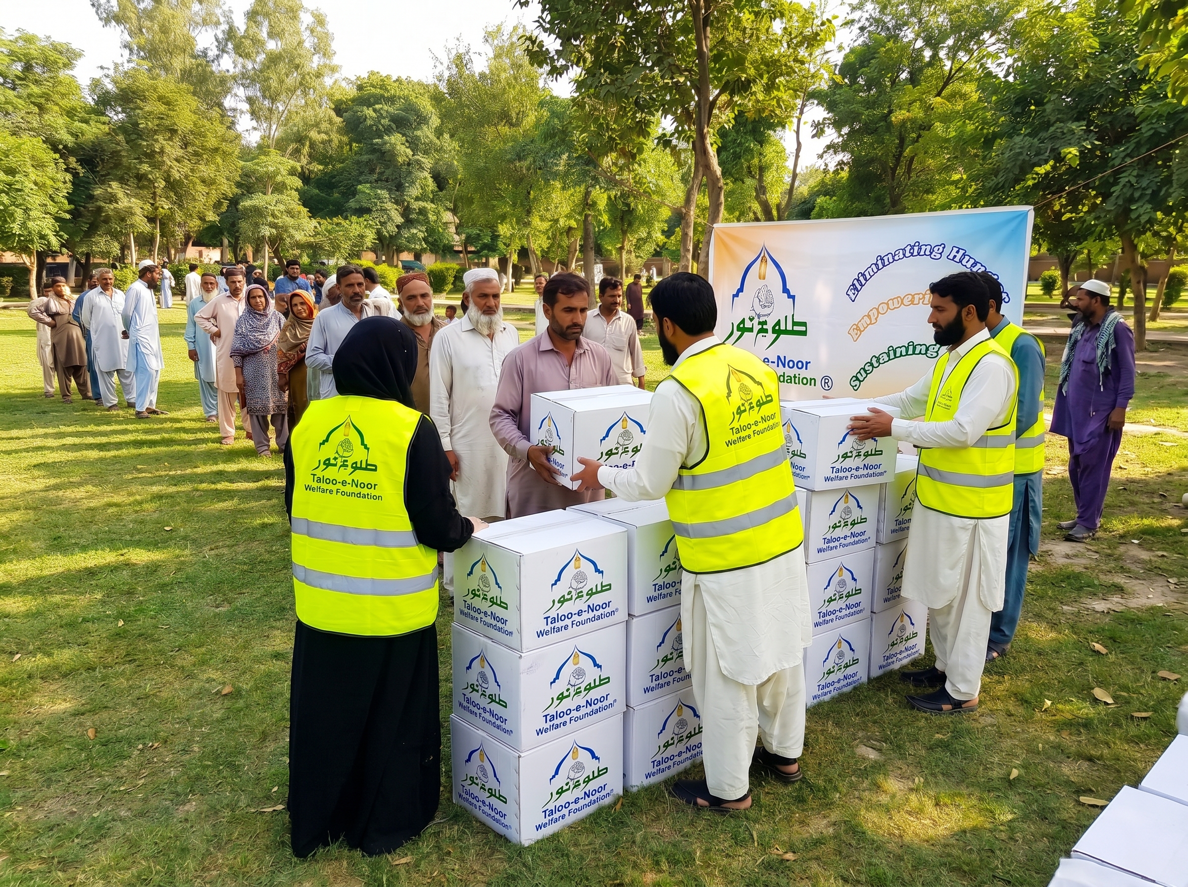 Volunteers distributing monthly Rashan packages to underprivileged families in Pakistan