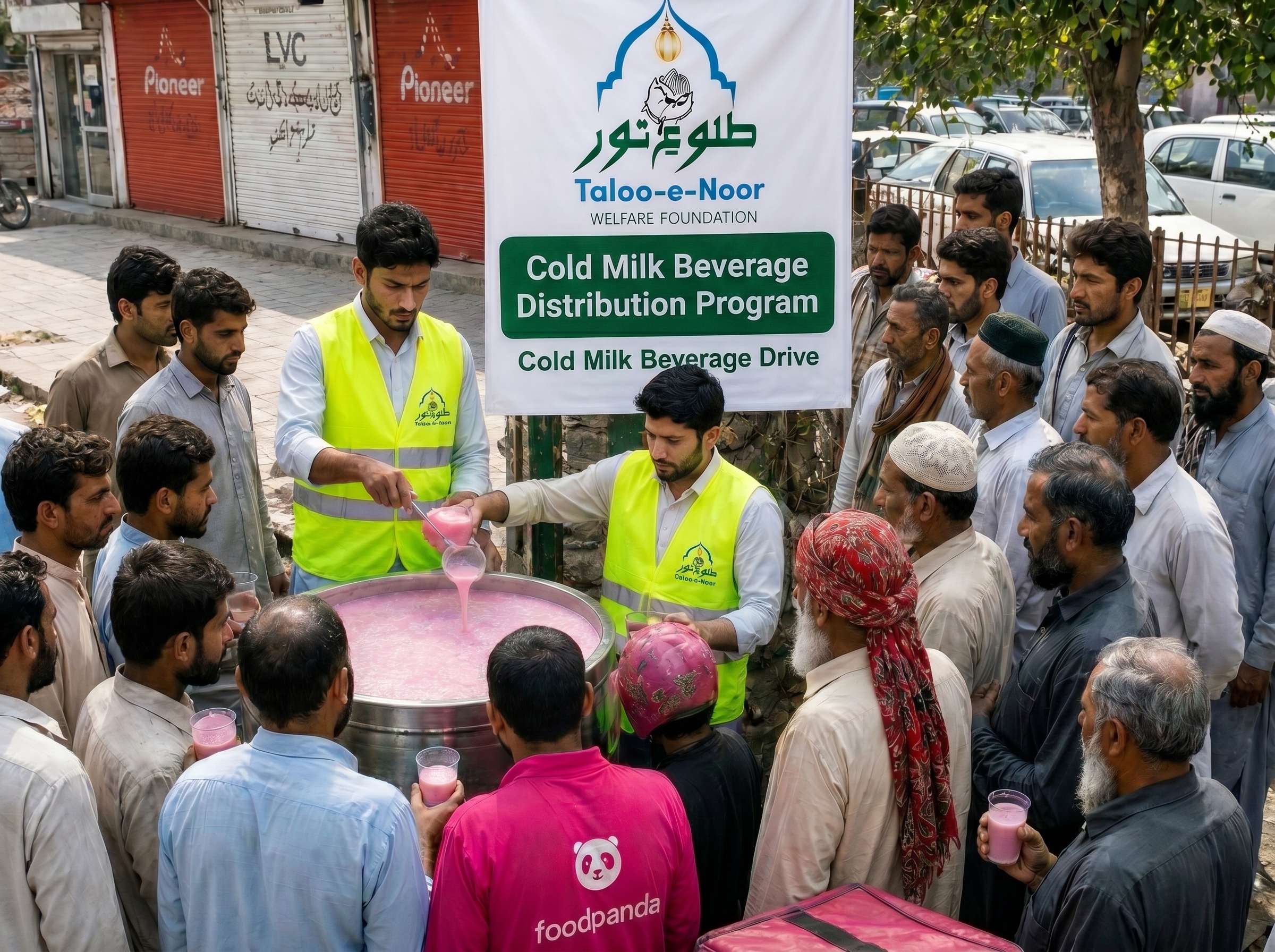Volunteers distributing cold beverages to underprivileged communities in Pakistan