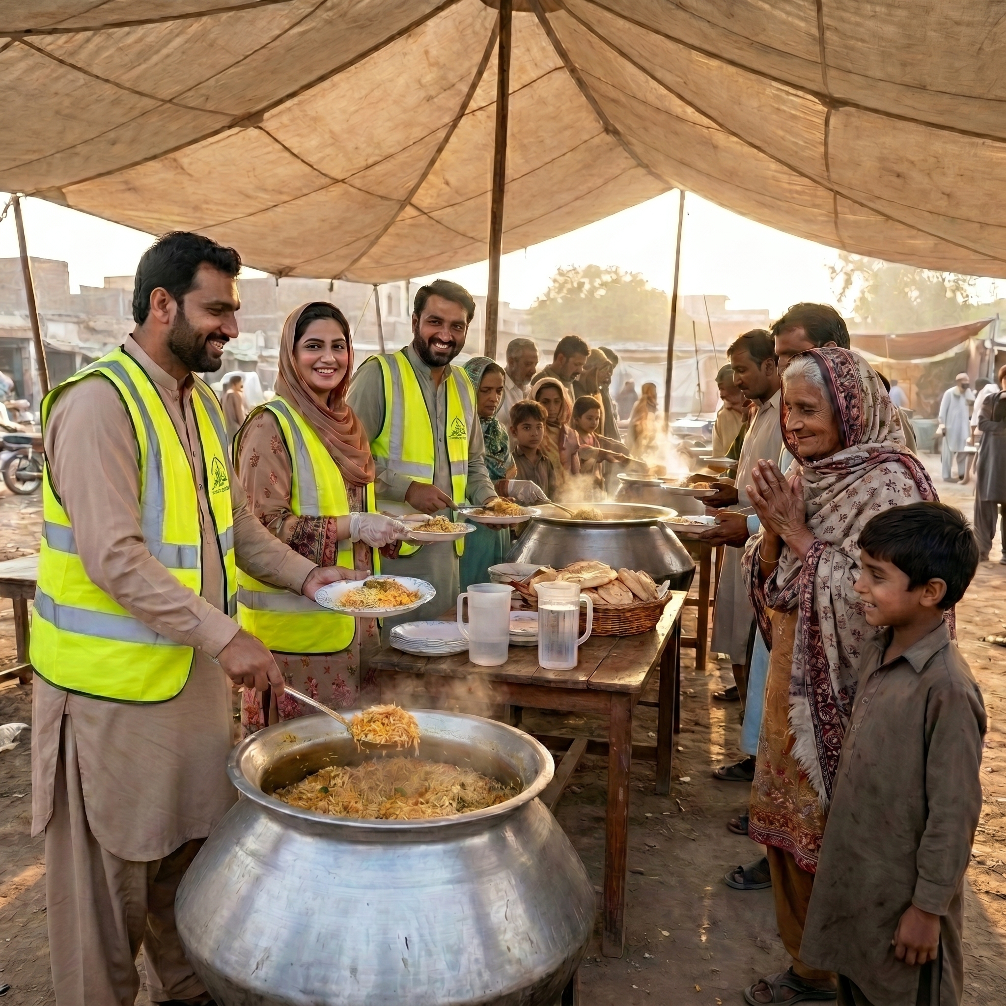 Volunteers serving free meals to underprivileged families in Pakistan as part of the Taloo-e-Noor Free Meal Movement